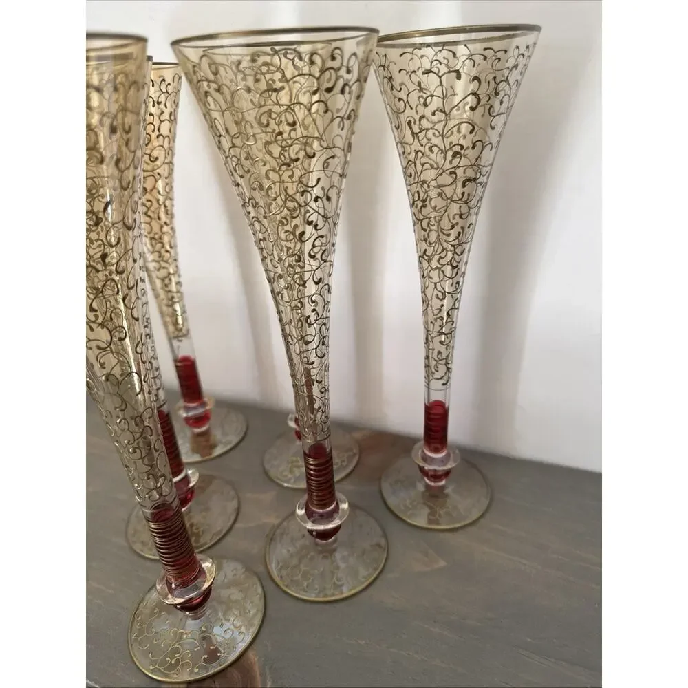 Pier 1 Rioja Hand Blown Champagne Flutes Ruby Red Stem Gold Scroll Set Of 6 Rare